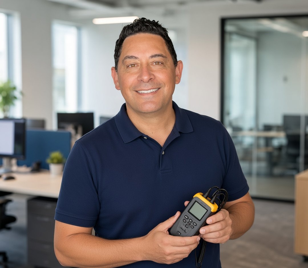 Smiling technician holding a handheld electrical tester beside an organised service van